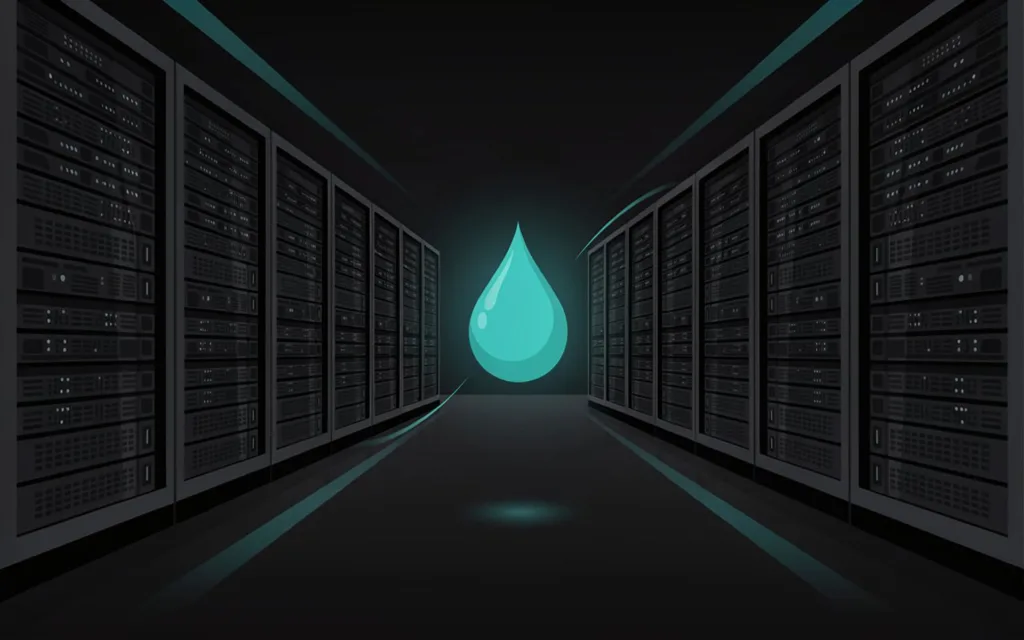 Illustrazione digitale che mostra un corridoio buio all'interno di un data center, affiancato su entrambi i lati da alti armadi di server con luci a LED brillanti. Al centro del corridoio fluttua una grande goccia d'acqua luminescente di colore turchese. L'immagine rappresenta il consumo di risorse idriche e l'impatto ambientale dei data center e delle infrastrutture di intelligenza artificiale.