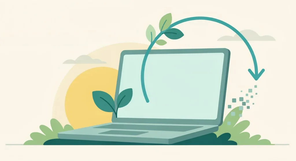 Una illustrazione vettoriale minimalista che mostra un computer portatile verde-azzurro su un prato verde. Dalla parte sinistra dello schermo del laptop emerge una vite verde fogliosa, che si inarca verso l'alto e a destra per poi trasformarsi in un flusso a cascata di pixel digitali. Sullo sfondo, un sole giallo tenue sorge tra nuvole chiare. Questa composizione pulita simboleggia l'energia rinnovabile e la tecnologia sostenibile.