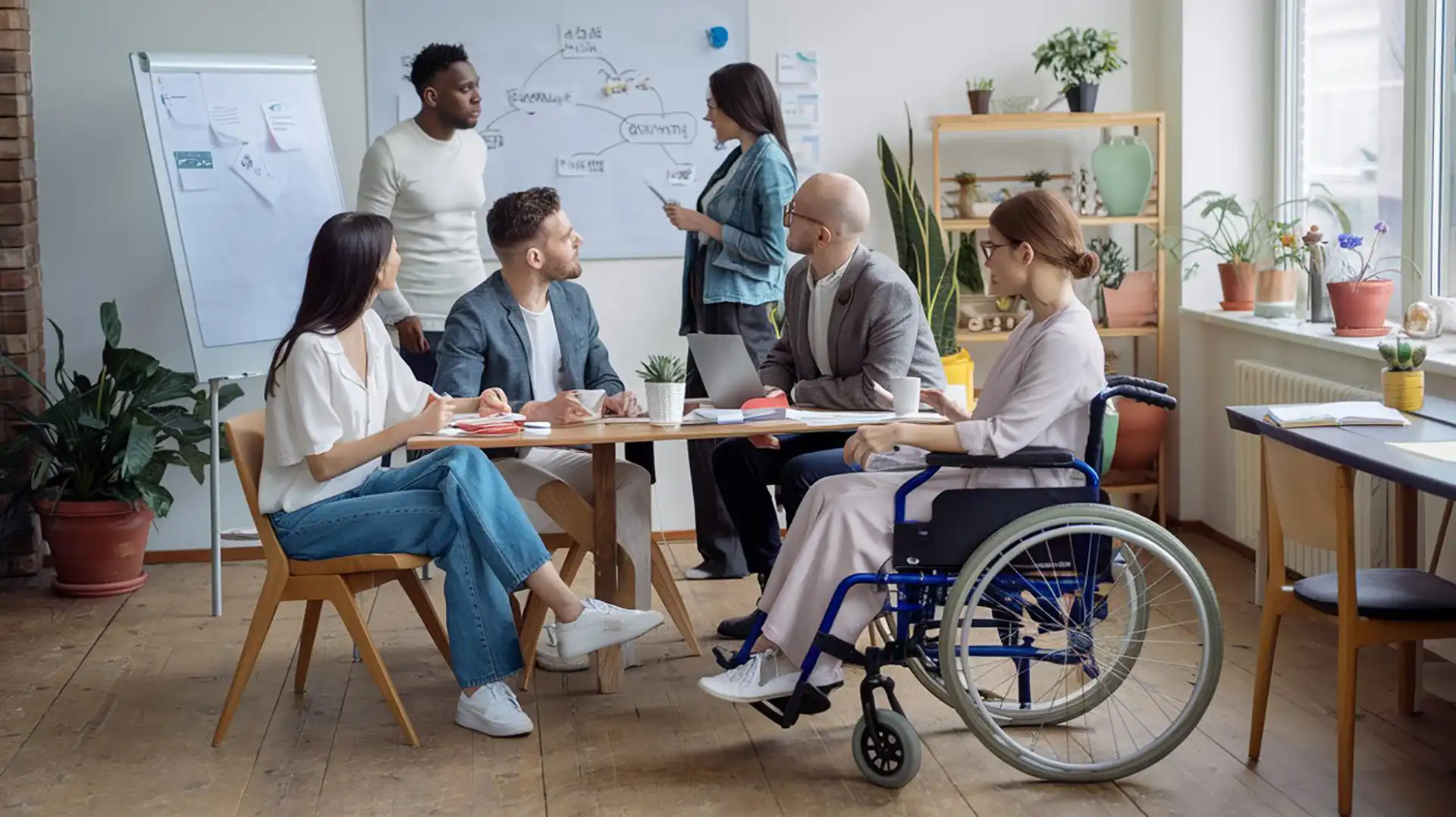 Team eterogeneo in riunione collaborativa, con una donna in sedia a rotelle, in un ufficio luminoso e inclusivo