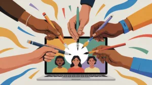Illustrazione in stile piatto che mostra uno schermo di un laptop su cui compaiono i volti sorridenti di tre persone con diverse tonalità di pelle e tratti somatici. Attorno allo schermo, numerose mani con differenti carnagioni stringono penne, matite e pennelli, puntandoli verso il centro in un gesto creativo e collaborativo. Lo sfondo è decorato con elementi grafici astratti e colorati.
