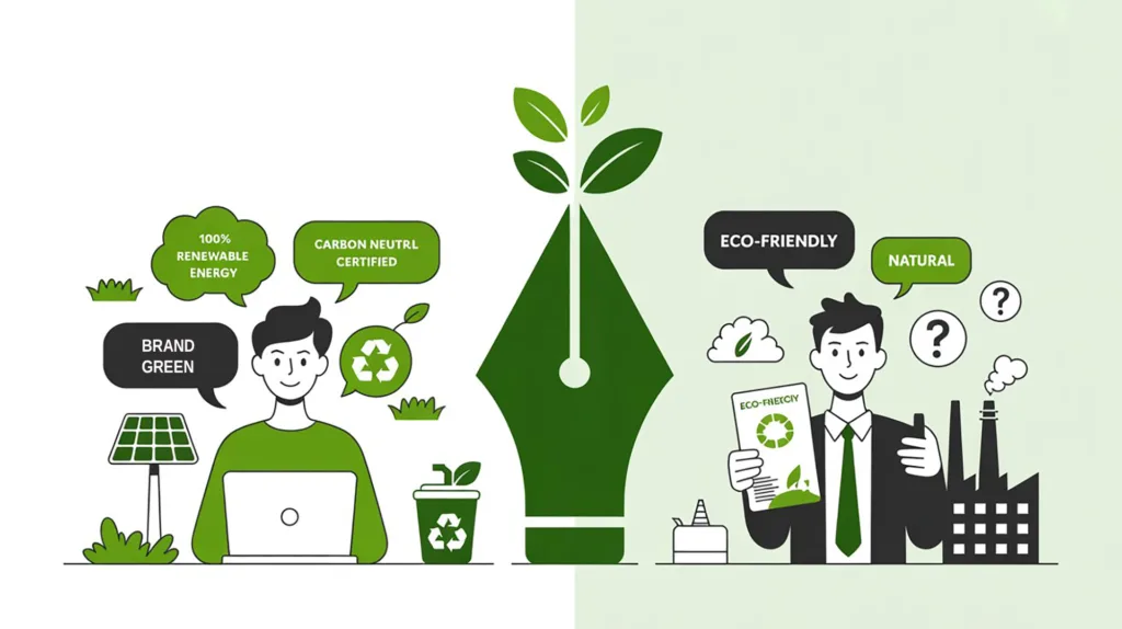 Un'illustrazione a fumetti che mette a confronto la vera sostenibilità con il greenwashing. L'immagine è divisa centralmente da una grande punta di stilografica verde da cui spunta una pianta. A sinistra, una figura in maglione verde usa un laptop ed è circondata da affermazioni verificate come "100% Renewable Energy" e "Carbon Neutral Certified", insieme a un pannello solare e un bidone del riciclaggio. A destra, una figura in cravatta verde regge un rapporto e fa affermazioni generiche come "Eco-Friendly" e "Natural", circondata da punti interrogativi e con una fabbrica che emette fumo sullo sfondo, evidenziando la confusione e le dichiarazioni infondate del greenwashing.
