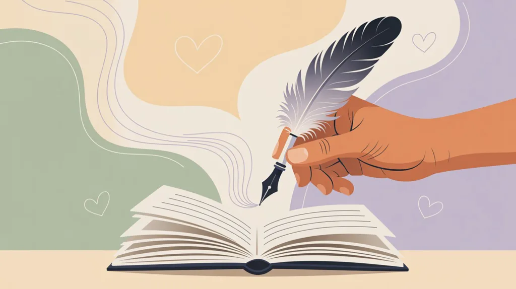 Primo piano di una mano che scrive con una penna d'oca su un libro aperto. Dalla punta della penna scaturiscono linee fluide e armoniose che fluttuano nell'aria. Lo sfondo è composto da forme astratte in colori pastello (verde, beige e lilla) e piccoli cuori stilizzati, evocando una sensazione di cura, empatia e creatività.