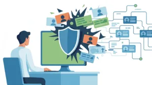 Illustrazione in stile flat che mostra un utente seduto di spalle davanti a un computer desktop. Sullo schermo appare un grande scudo protettivo azzurro che blocca un'esplosione di icone di profili e documenti d'identità. Sulla destra, una rete strutturata di collegamenti e schede dati simboleggia la gestione sicura delle informazioni online.