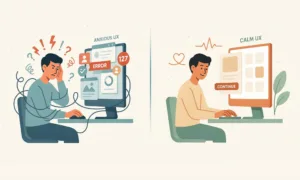 Un'illustrazione divisa in due pannelli che confronta due diverse esperienze utente (UX) al computer. A sinistra, intitolata "Anxious UX", un utente è stressato, con linee aggrovigliate attorno a sé, mentre lo schermo mostra molteplici pop-up di errore, notifiche (con un numero elevato, 127) e simboli di avvertimento come fulmini e punti interrogativi. A destra, intitolata "Calm UX", lo stesso utente è tranquillo e sorridente di fronte a uno schermo pulito con un unico pulsante "Continua", simboli di calma come un cuore e una linea di battito cardiaco regolare, e una pianta. Questa immagine illustra visivamente l'impatto del design dell'interfaccia sulla salute mentale, mostrando come uno UX mal progettato possa causare ansia, mentre un buon UX possa promuovere la calma.