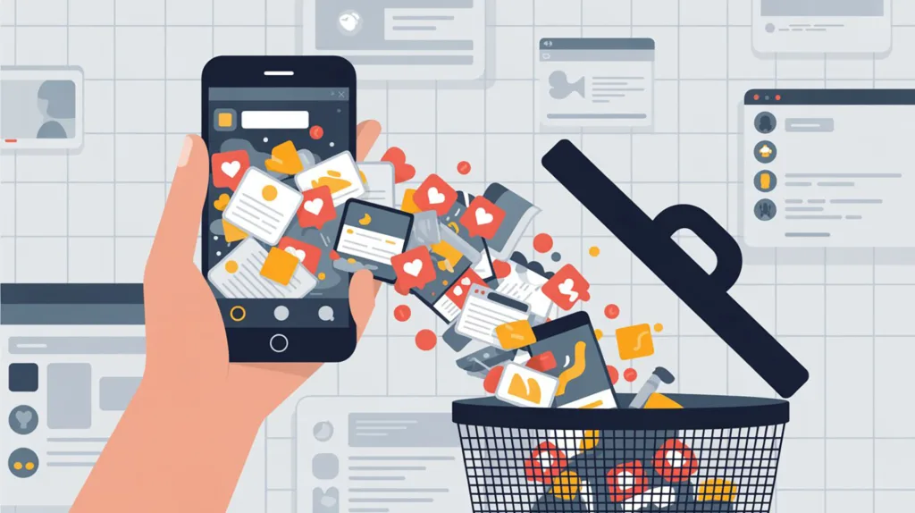 Illustrazione digitale che rappresenta il concetto di "digital waste" (rifiuti digitali): un flusso continuo di contenuti social e notifiche che cade da uno smartphone in un cestino, simboleggiando la natura effimera e usa e getta dei contenuti online.