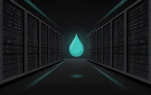 Illustrazione digitale che mostra un corridoio buio all'interno di un data center, affiancato su entrambi i lati da alti armadi di server con luci a LED brillanti. Al centro del corridoio fluttua una grande goccia d'acqua luminescente di colore turchese. L'immagine rappresenta il consumo di risorse idriche e l'impatto ambientale dei data center e delle infrastrutture di intelligenza artificiale.