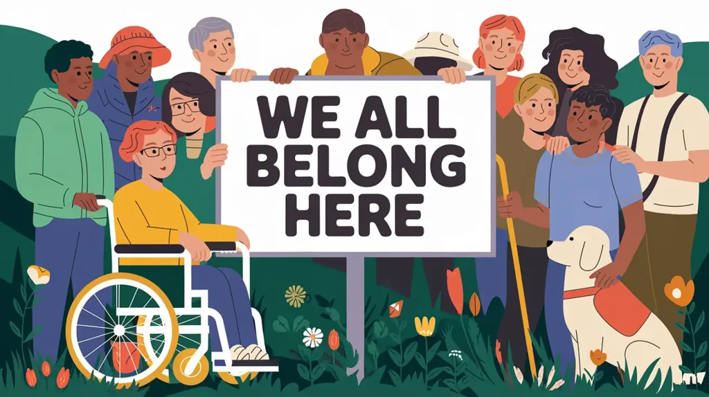 Illustrazione di un gruppo eterogeneo di persone con cartello "We all belong here", incluse persone su sedia a rotelle, con bastone e cane guida