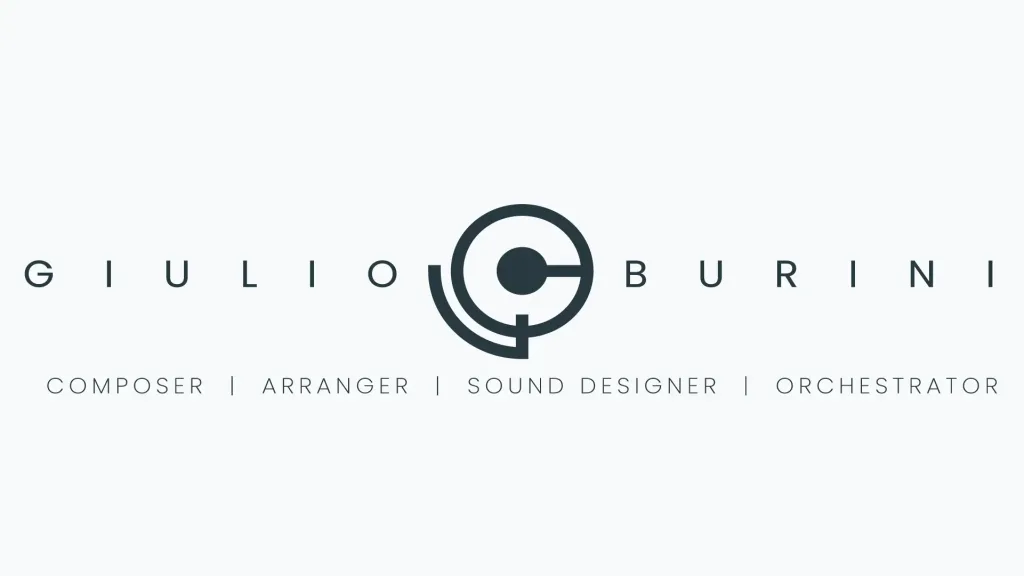 Logo Giulio Burini: nome del compositore con icona circolare stilizzata che richiama un microfono, sottotitolo Composer, Arranger, Sound Designer, Orchestrator