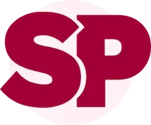 Logo Silvia Panini: iniziali SP in rosso carminio su sfondo rosa chiaro