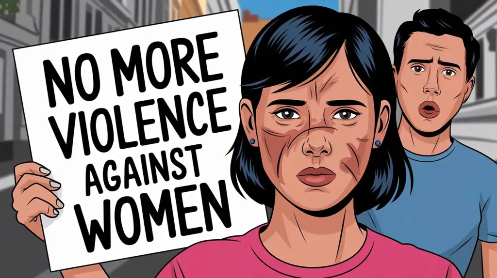 Illustrazione con cartello "No more violence against women" tenuto da una donna con espressione seria, uomo sullo sfondo